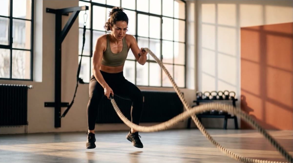 Frau bei einer HIIT-Einheit mit Battle Ropes im Kraftraum-Studio