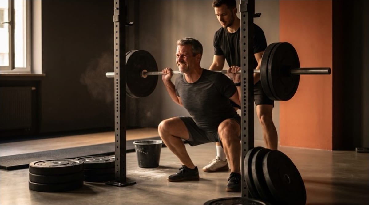 Mann bei der Langhantel-Kniebeuge mit Trainer-Spotting
