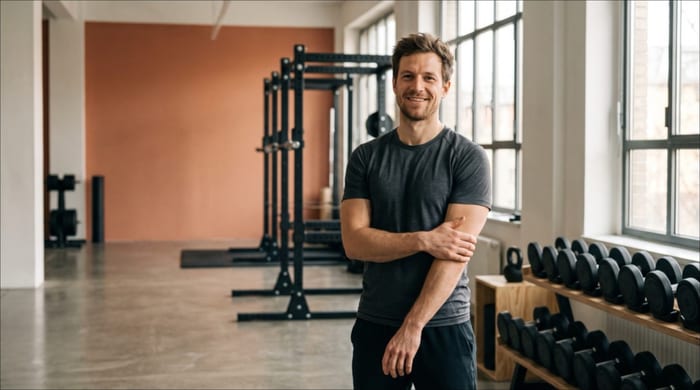 Jonas Ederer im Kraftraum-PT-Studio in München-Sendling