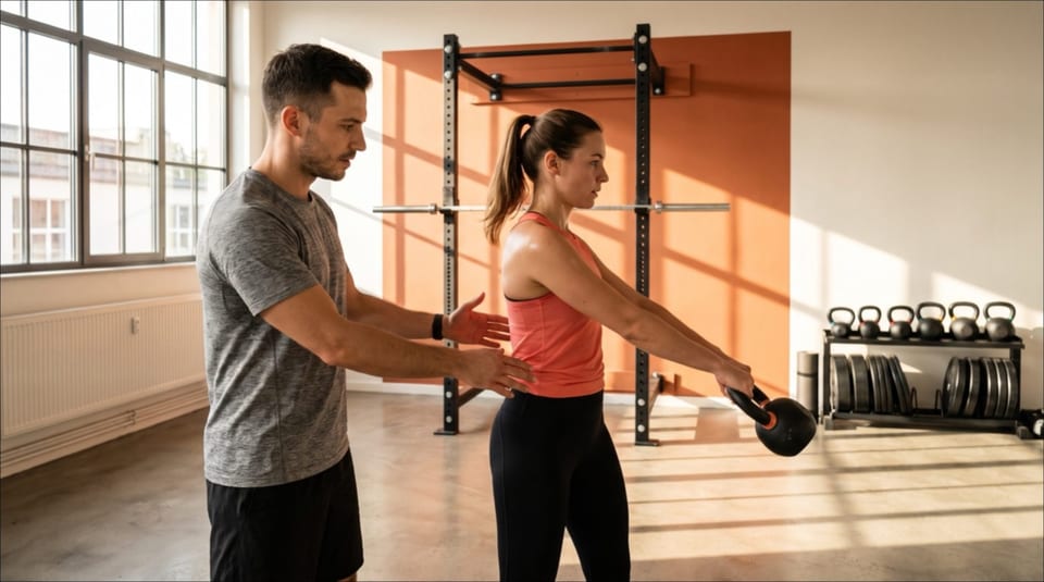 Jonas Ederer trainiert eine Kundin mit dem Kettlebell-Swing im Kraftraum-Studio